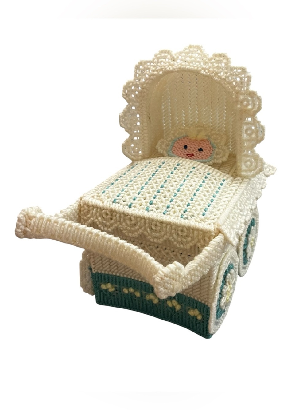 Vintage needlework tissue box baby carriage shower nursery homemade